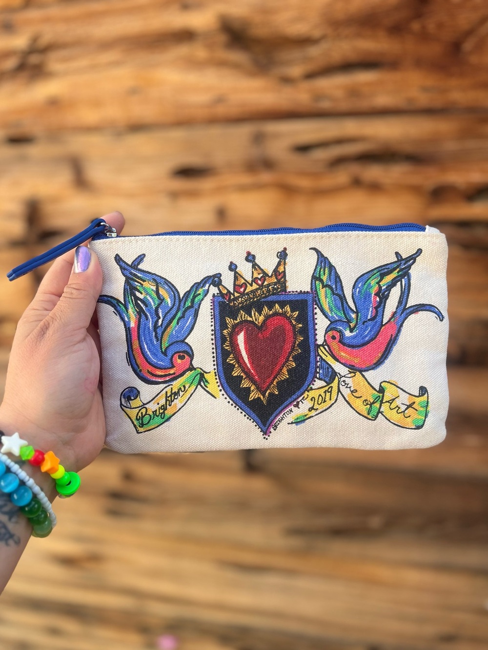 BRIGHTON | Cream Canvas Zip Pouch with Colorful Heart & Birds Artwork